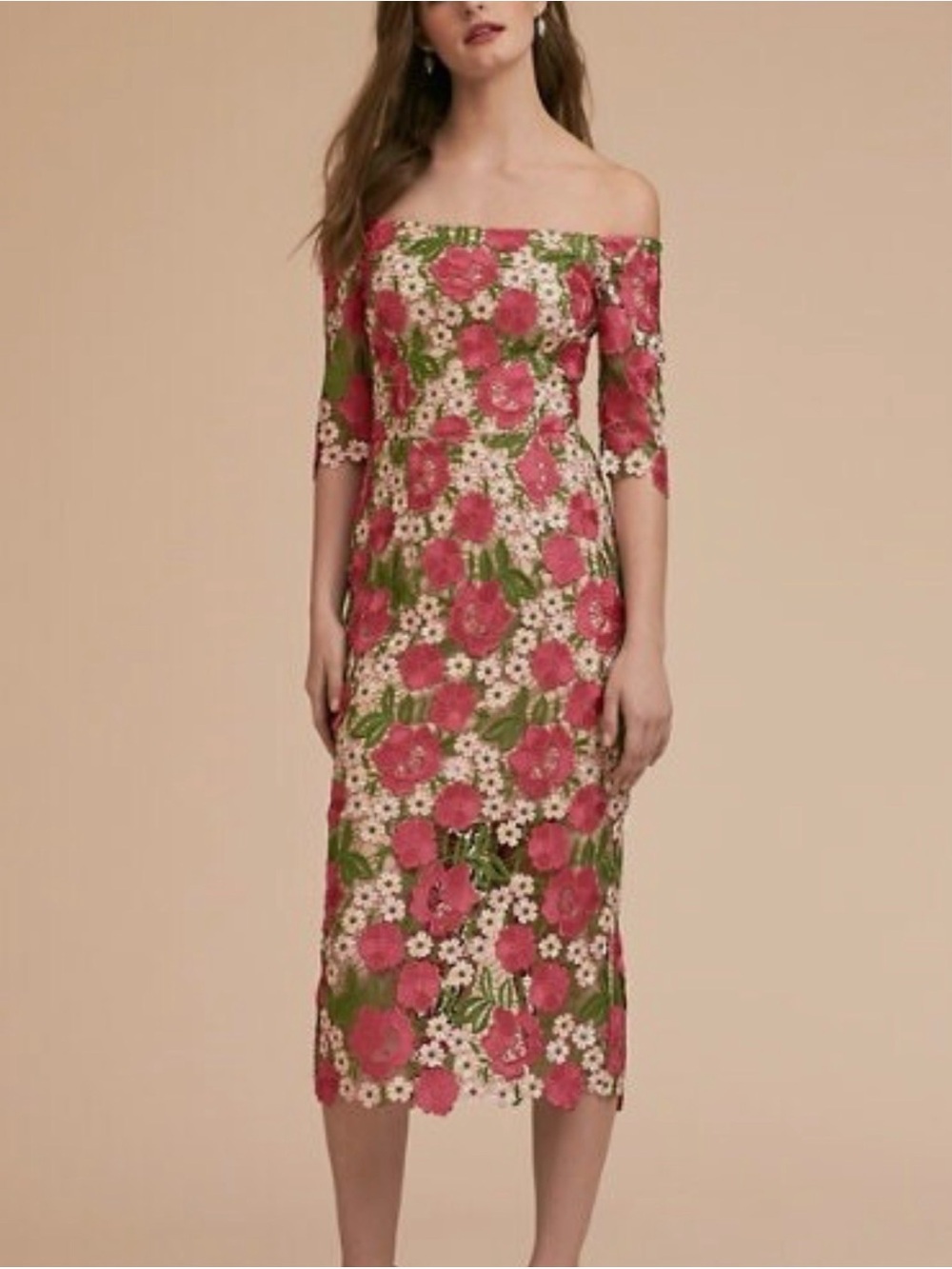 Xscape Pink Floral Off-Shoulder Lace Midi Dress